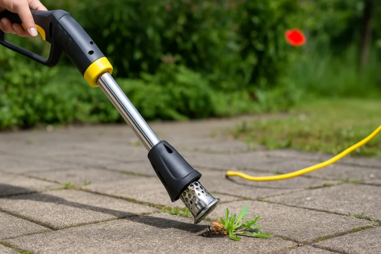 Désherbeur électrique éliminant les mauvaises herbes entre les dalles d’un jardin, outil de jardinage écologique et pratique.