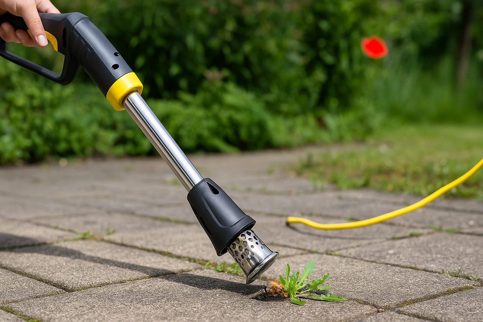 Désherbeur électrique éliminant les mauvaises herbes entre les dalles d’un jardin, outil de jardinage écologique et pratique.