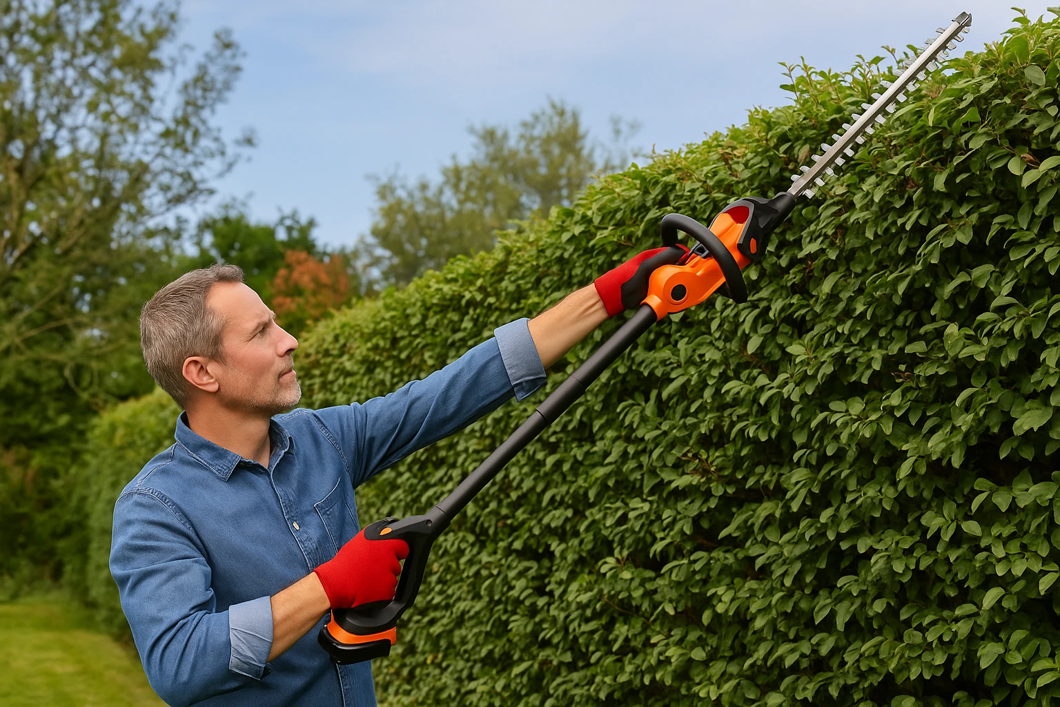 Personne utilisant un taille-haie télescopique électrique pour tailler une haie haute dans un jardin.