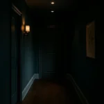 Couloir sombre peint en bleu profond avec éclairage mural, illustrant l'utilisation de couleurs foncées pour créer une ambiance élégante dans un espace peu lumineux