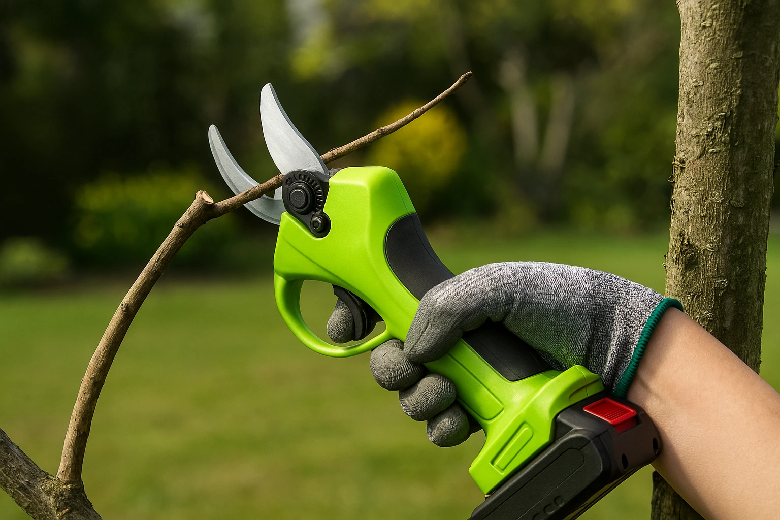 Sécateur électrique sans fil en action coupant une branche dans un jardin