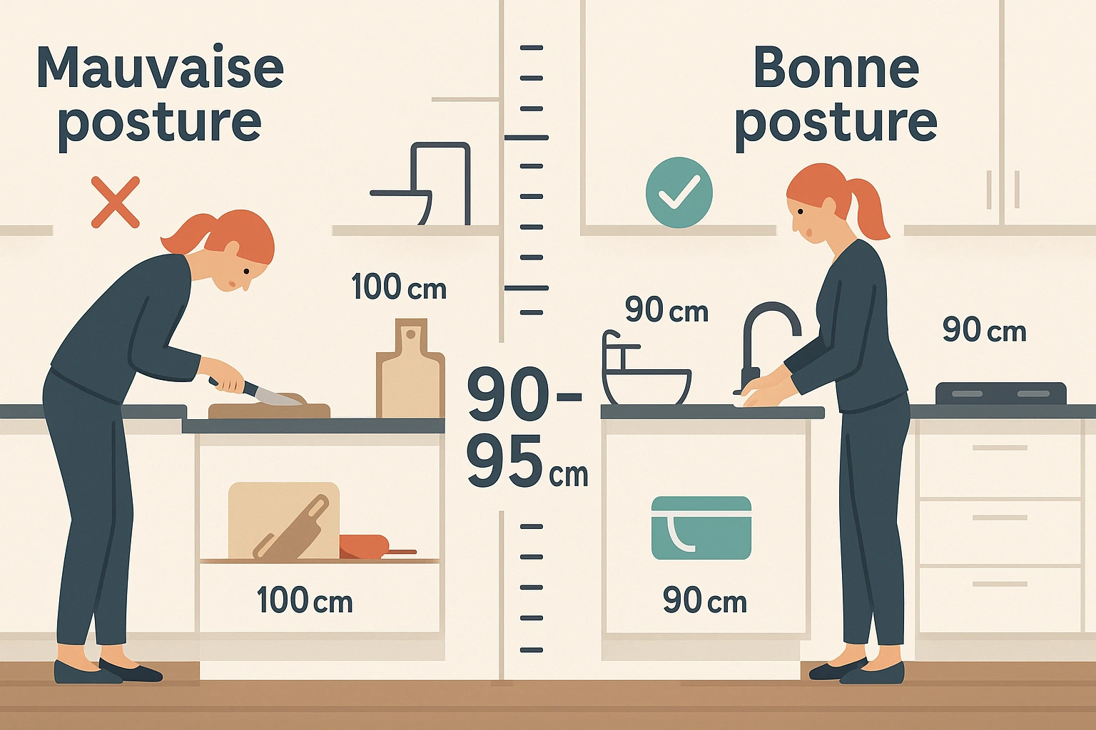Infographie ergonomique illustrant la bonne hauteur d’un plan de travail de cuisine, comparant une mauvaise posture à gauche et une posture correcte à droite, avec une échelle indiquant la hauteur idéale entre 90 et 95 cm.