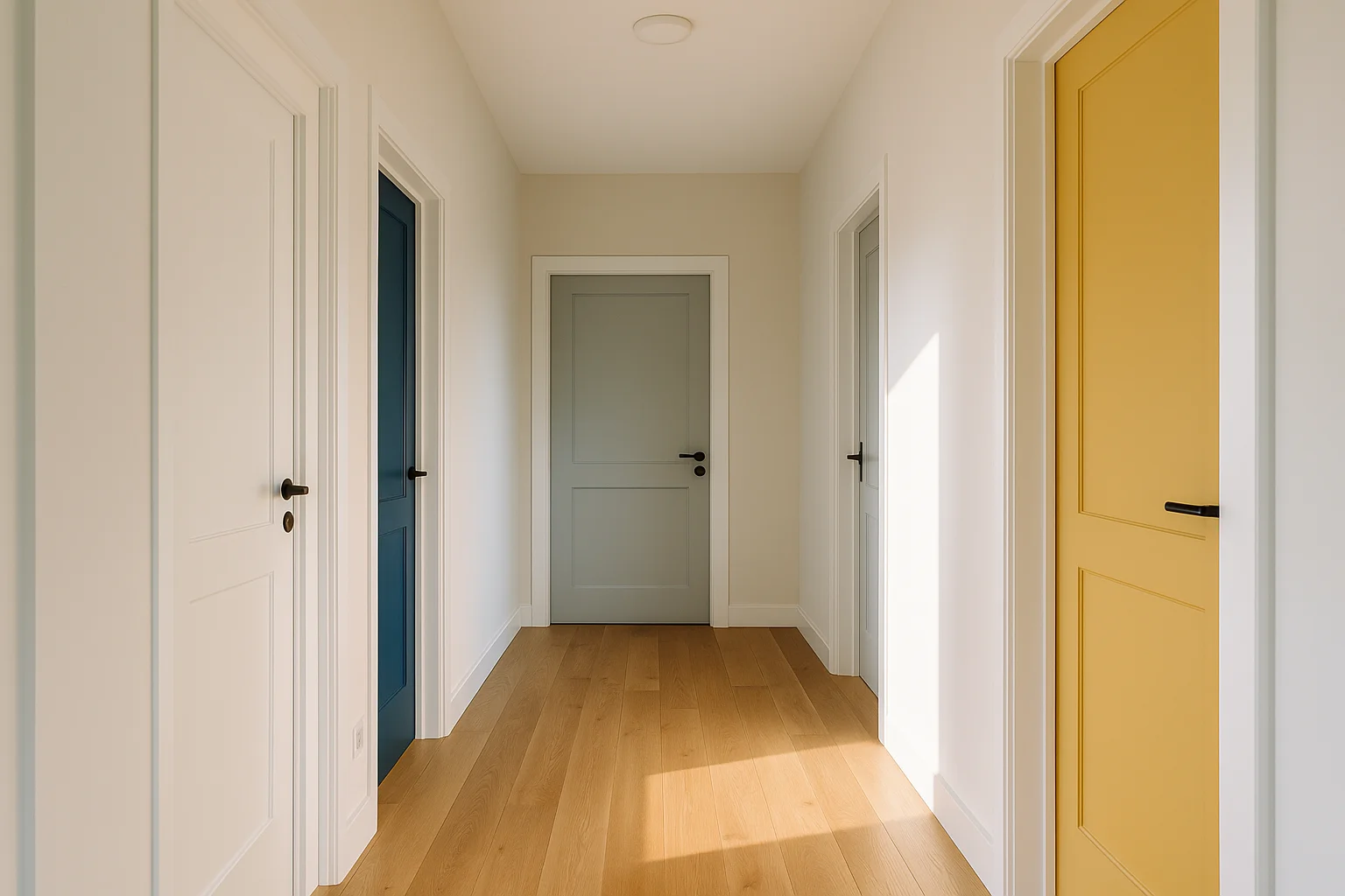 ouloir moderne avec portes de couleurs différentes, illustrant comment choisir la bonne teinte pour peindre les portes d'un couloir