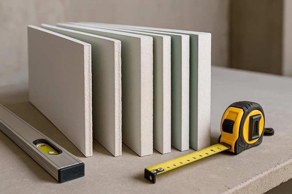 échantillons d’épaisseur standard de placoplâtre posés sur un établi avec un mètre ruban et un niveau