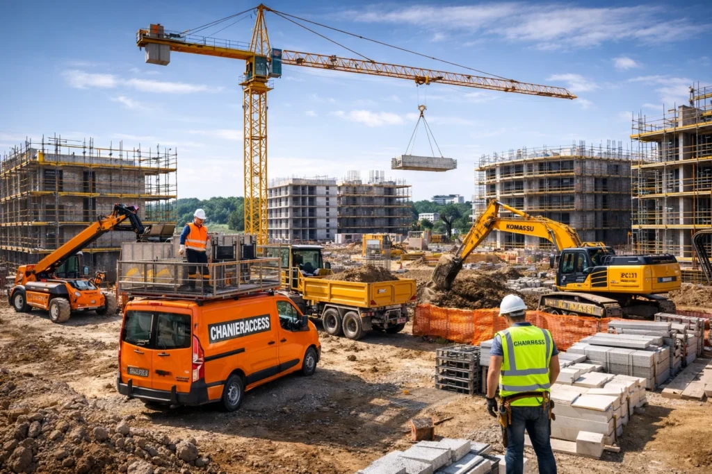Chantier de construction moderne sécurisé par ChantierAccess avec badges connectés, suivi des accès et équipements de sécurité numériques