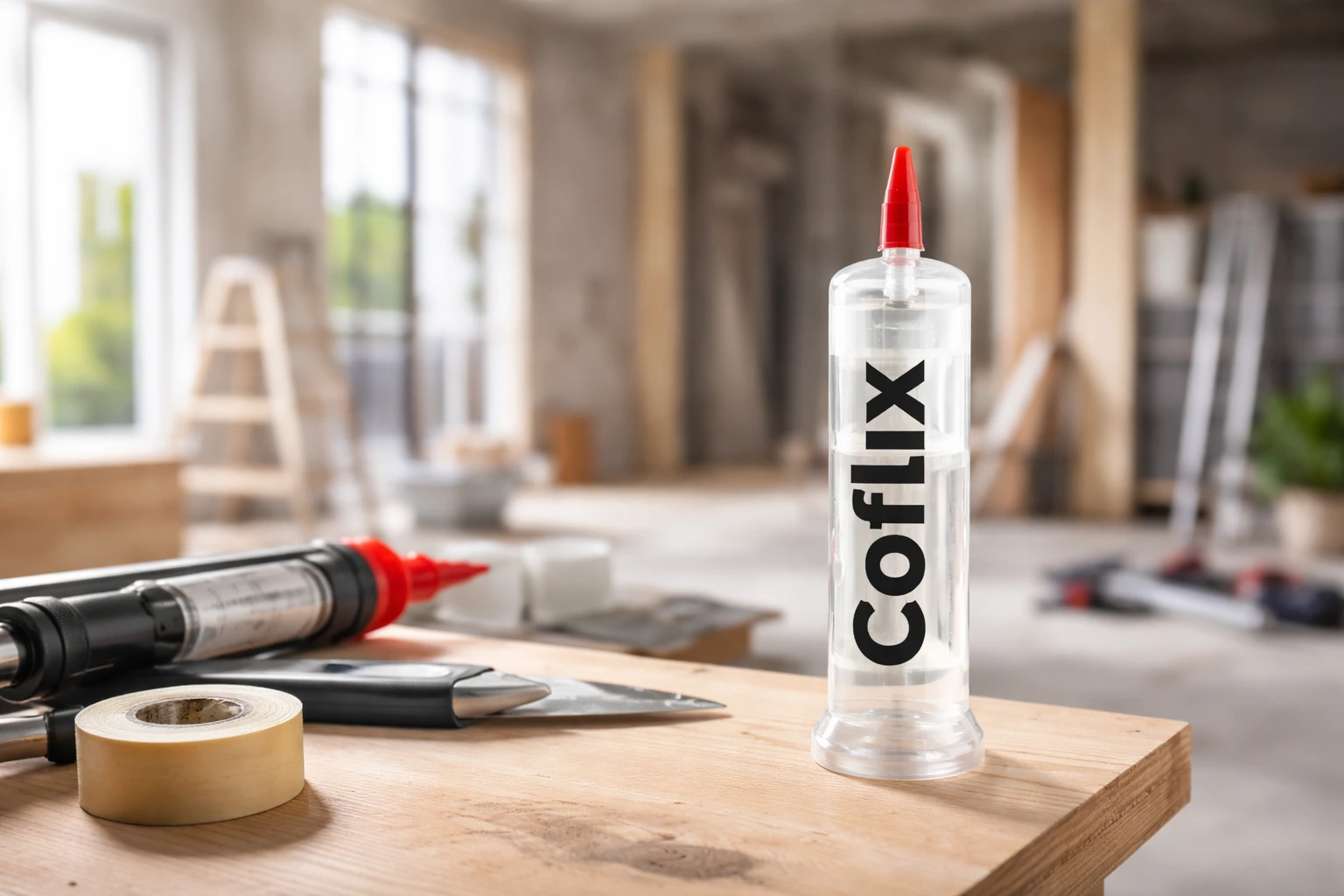 Colle Coflix transparente sur établi de chantier, idéale pour rénovation et travaux de bâtiment