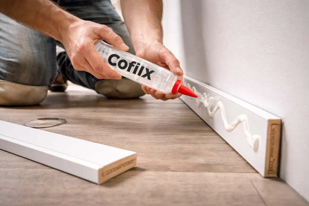 Application de la colle Coflix transparente pour coller des plinthes blanches contre un mur