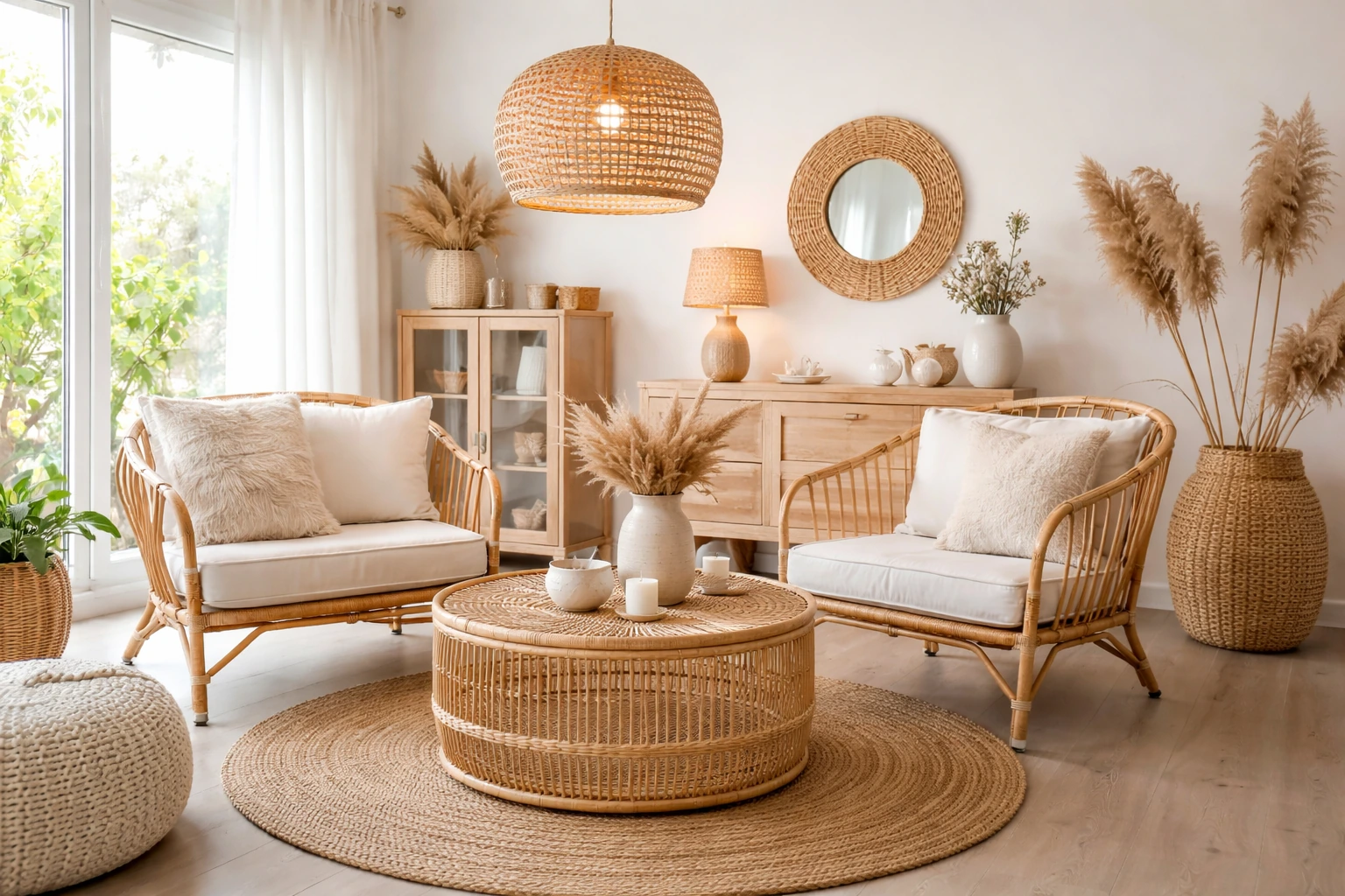 Salon déco Ctendance avec fauteuils en rotin et suspension en osier