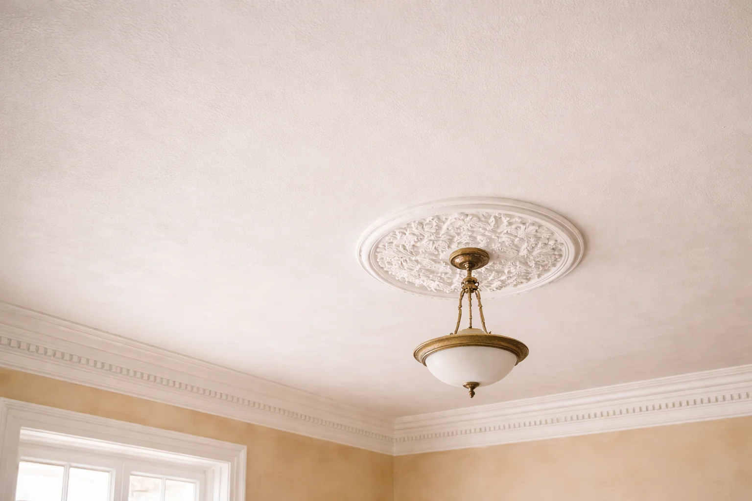 Plafond en lattis-plâtre terminé avec finition lisse, rosace et moulures décoratives
