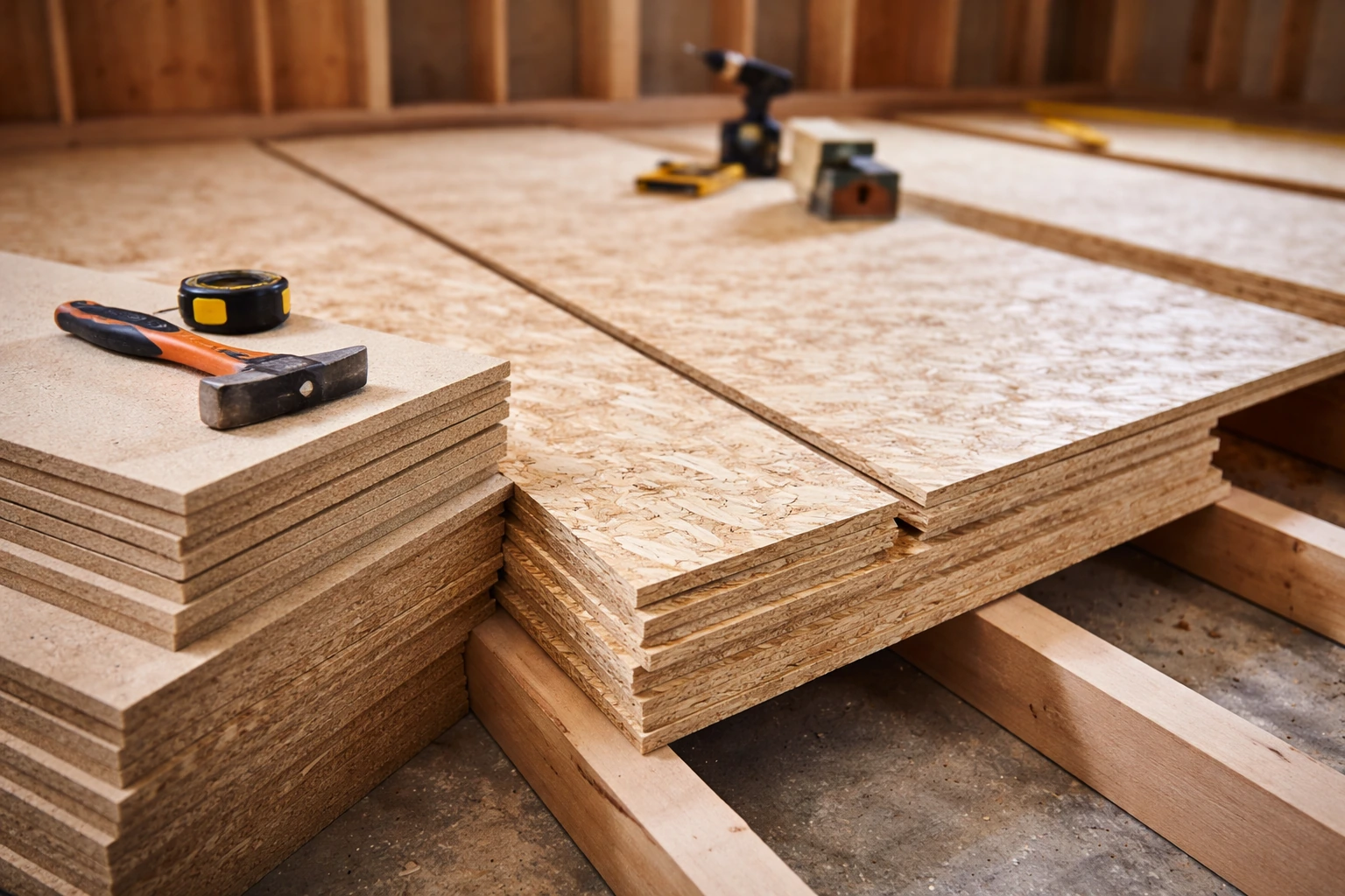 Pose de plancher en OSB avec panneaux agglomérés et outils de chantier
