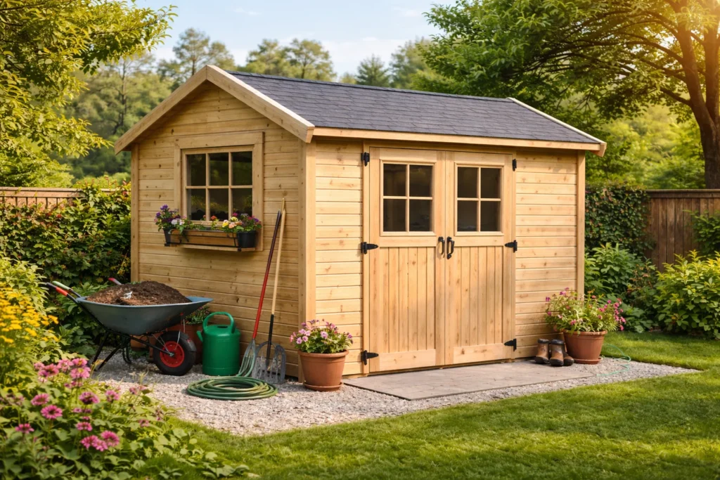 Abri de jardin en bois avec double porte et toit étanche dans un jardin