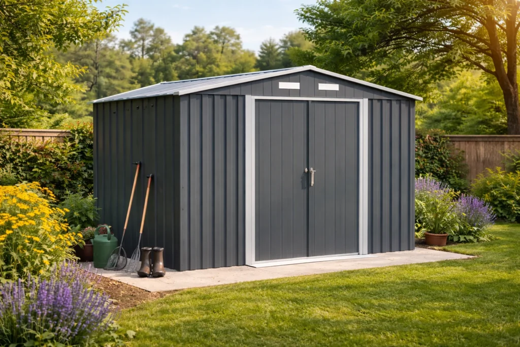 Abri de jardin en métal gris avec double porte posé sur dalle béton