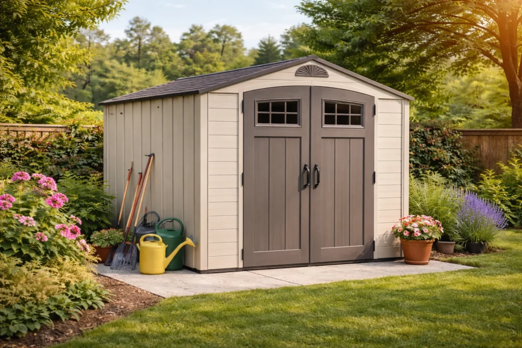 Abri de jardin en résine beige avec double porte dans un jardin