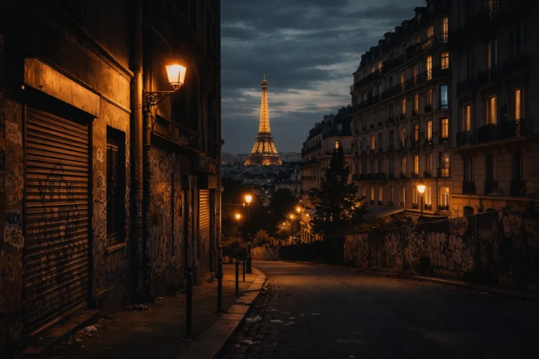 Rue parisienne taguée au crépuscule avec la Tour Eiffel illuminée au loin