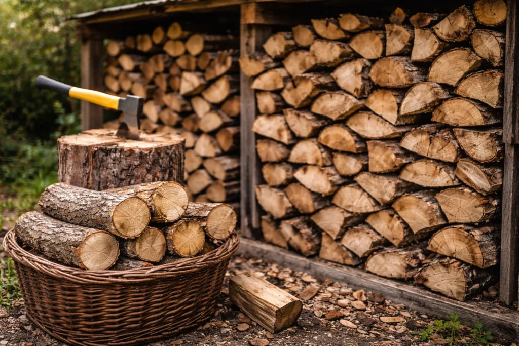 Bois de laurier pour chauffage : bûches stockées et séchage avant utilisation en insert