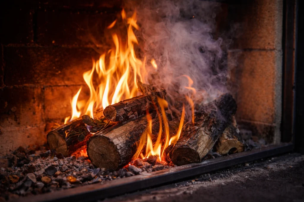 Brûler du laurier dans une cheminée : flammes et fumée lors de la combustion