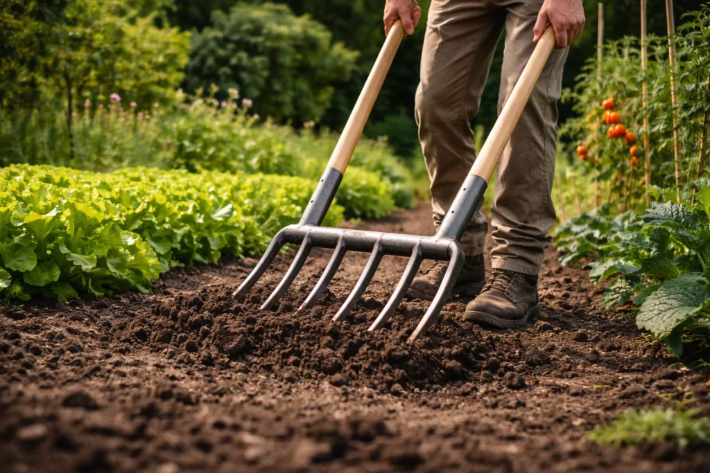 Jardinier utilisant une grelinette pour ameublir la terre du potager sans la retourner