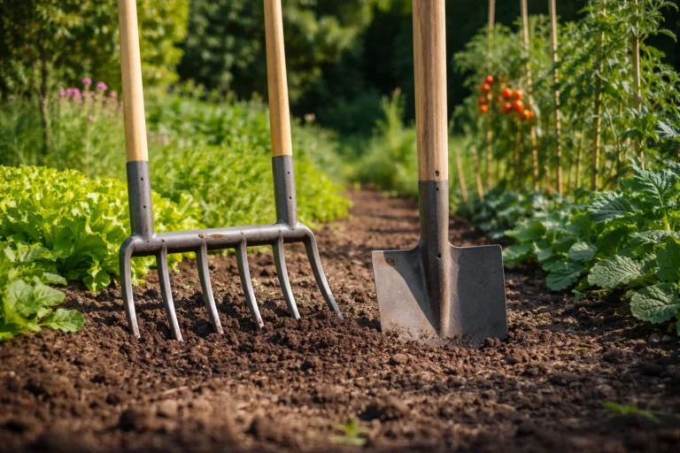 Grelinette et bêche plantées dans la terre d’un potager pour aérer et préparer le sol avant les plantations