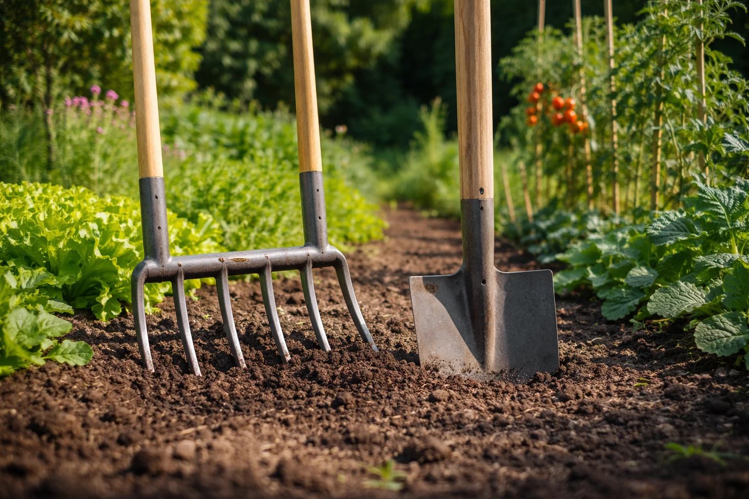 Grelinette et bêche plantées dans la terre d’un potager pour aérer et préparer le sol avant les plantations
