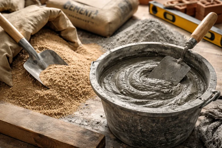 Seau de ciment frais avec truelle et tas de sable sur un chantier de rénovation