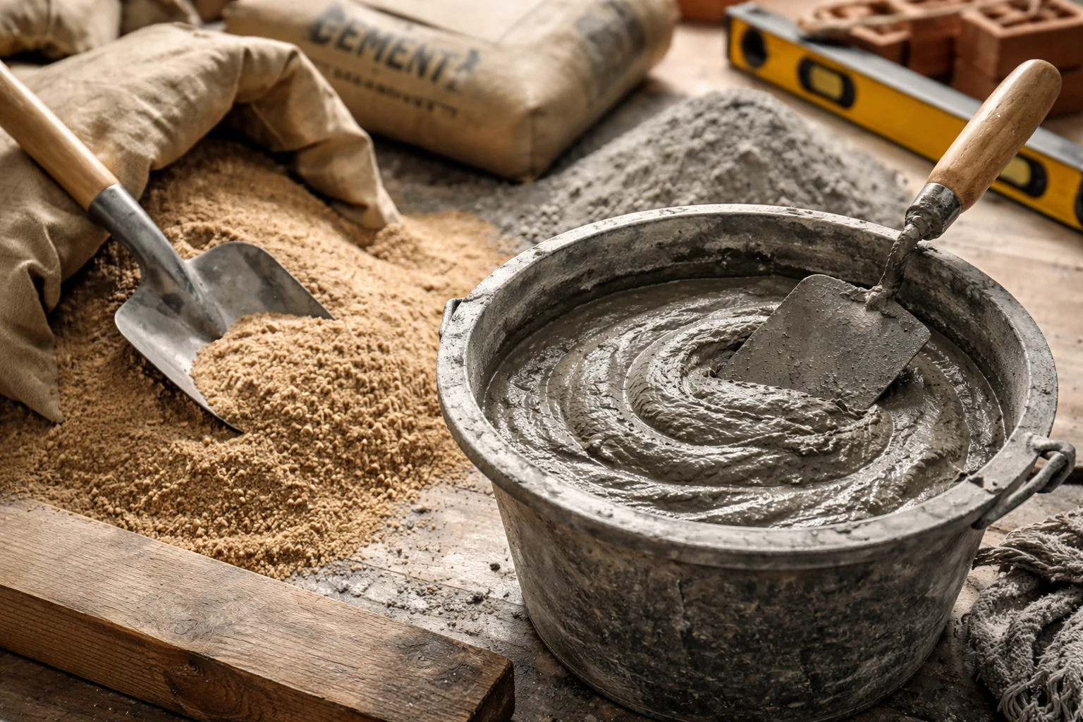 Seau de ciment frais avec truelle et tas de sable sur un chantier de rénovation