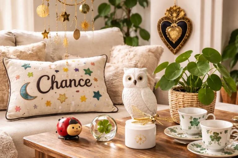 Objets porte-bonheur dans un salon : coussin chance, coccinelle, trèfle et déco protectrice