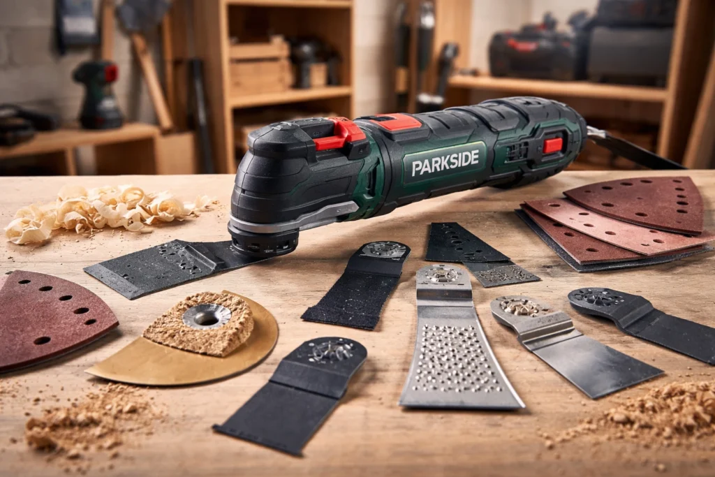 outil multifonction Parkside posé sur un établi