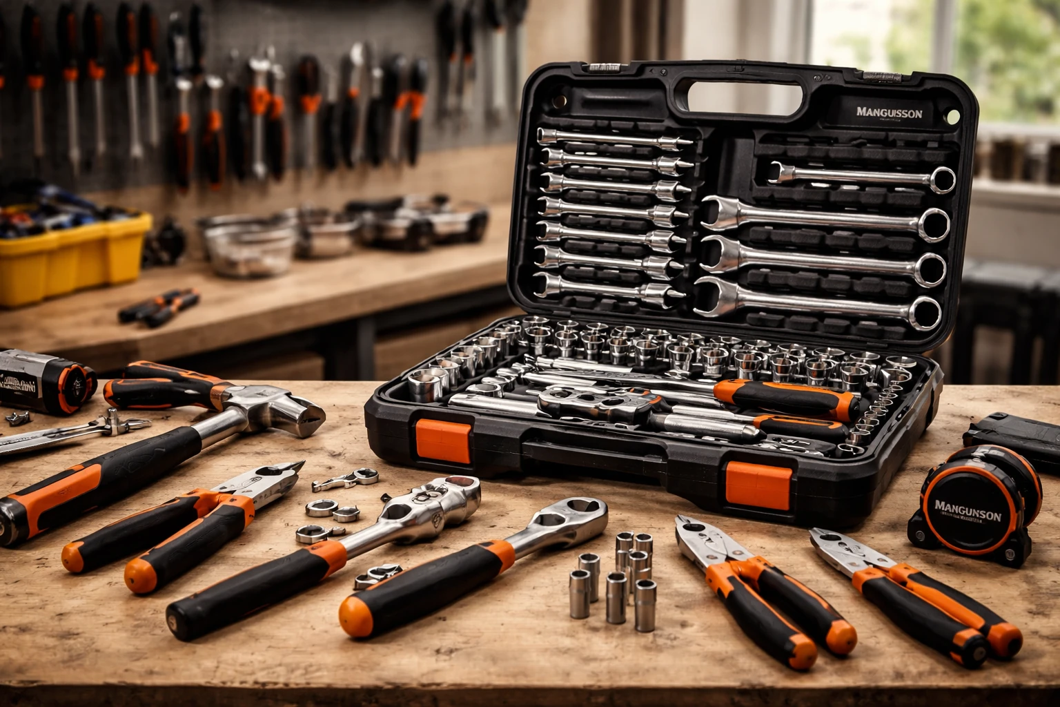 Outils Magnusson sur établi en atelier de bricolage