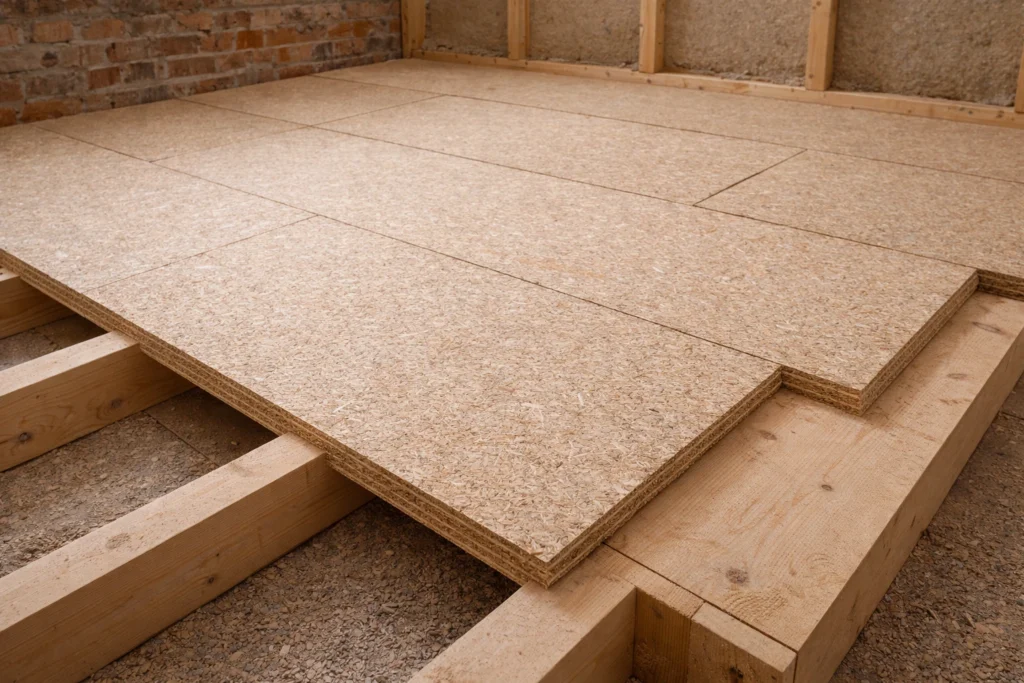 Plancher aggloméré posé sur solives en bois avant revêtement de sol