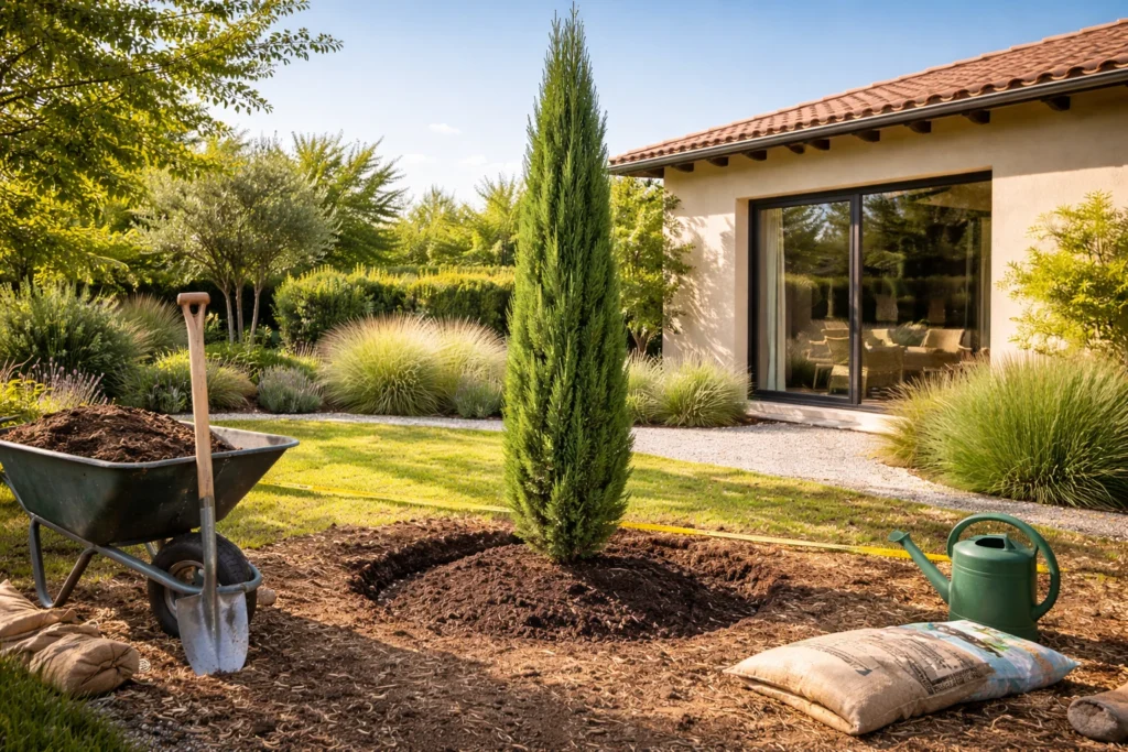Planter un cyprès de Provence à bonne distance d’une maison dans un jardin