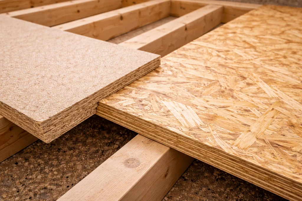 Plaque agglo pour plancher : panneau de particules de bois avant installation