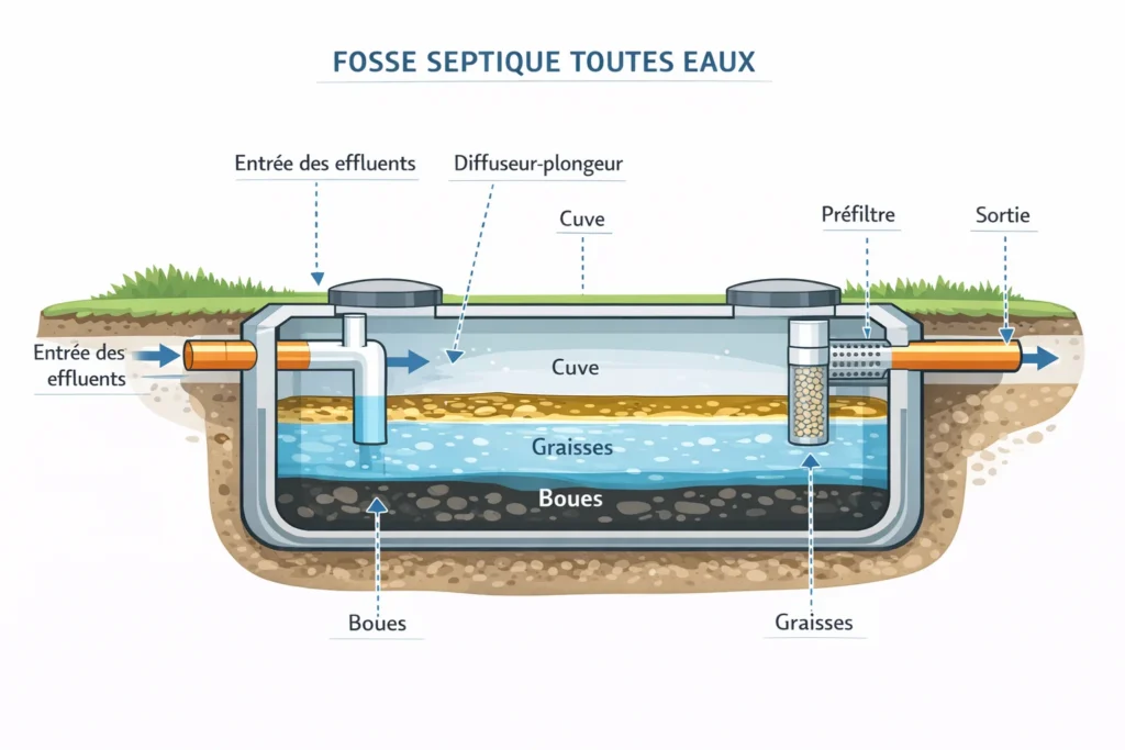 Schéma légendé des composants d’une fosse septique toutes eaux