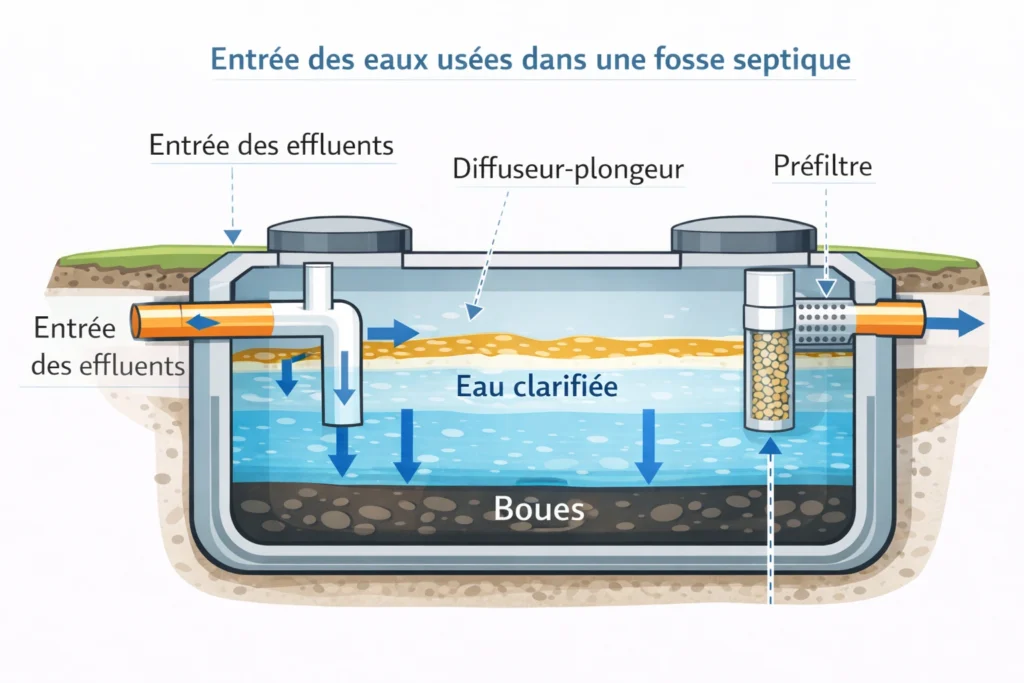 Schéma de l’entrée des eaux usées et du préfiltre d’une fosse septique
