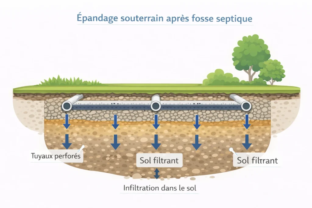 Schéma d’un épandage souterrain après fosse septique toutes eaux