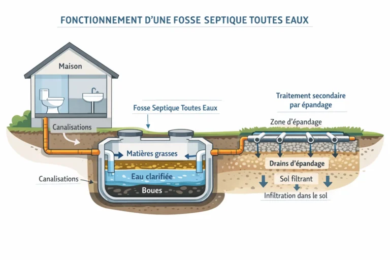Schéma de fonctionnement d’une fosse septique toutes eaux avec prétraitement et épandage