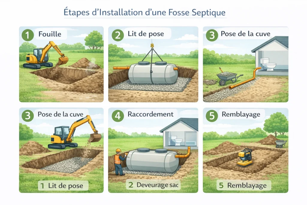Schéma des étapes d’installation d’une fosse septique toutes eaux