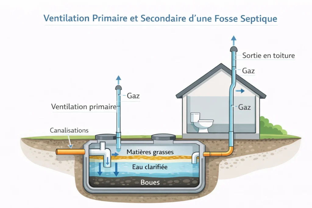 Schéma de la ventilation primaire et secondaire d’une fosse septique