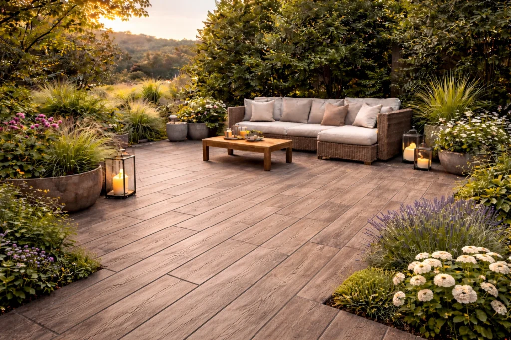 Terrasse en béton pressé imitation bois avec effet planches