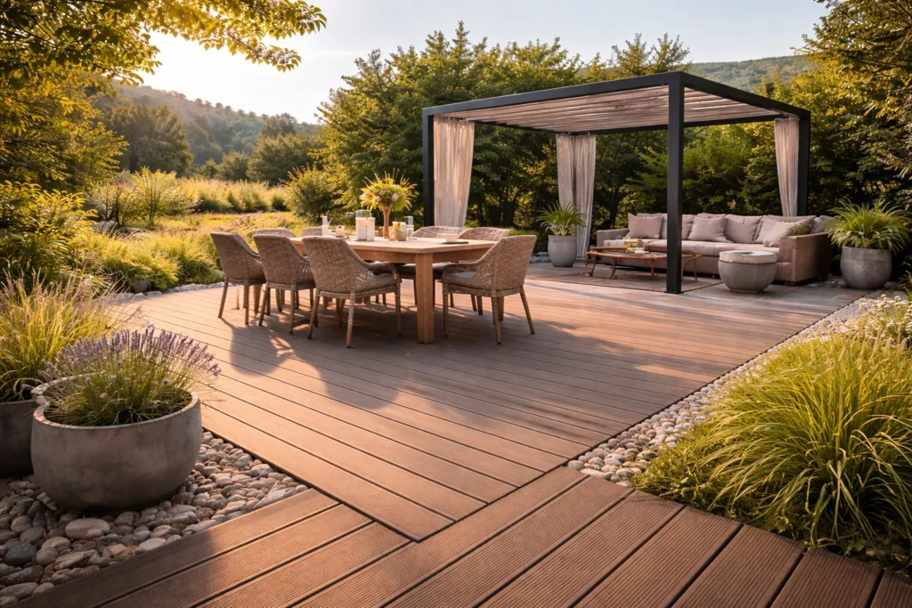 Terrasse en lames de bois composite moderne et résistante