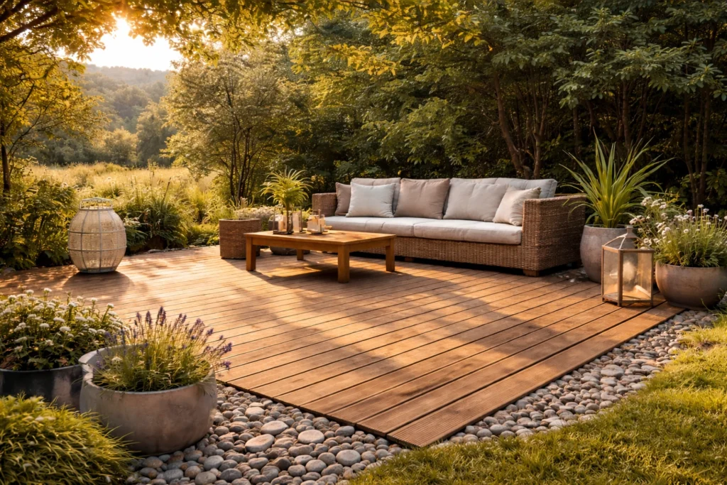 Terrasse en bois naturel avec lames et mobilier extérieur