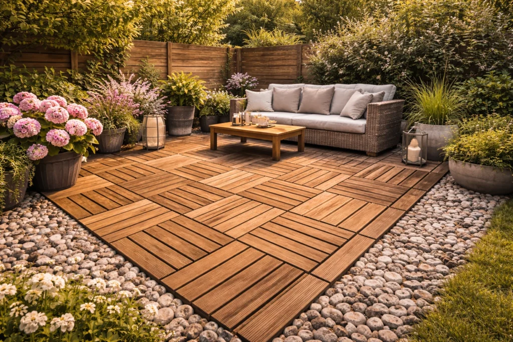 Terrasse en caillebotis bois posés en dalles clipsables