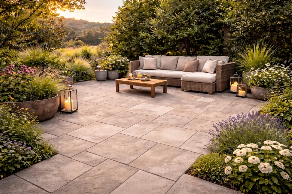 Terrasse en dalles béton imitation pierre naturelle