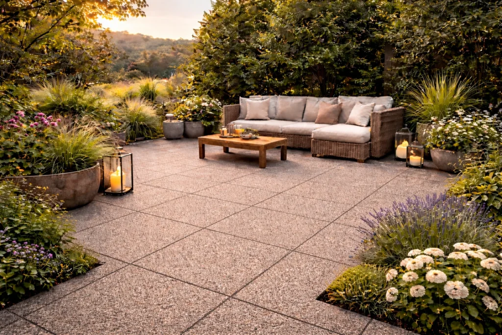 Terrasse en dalles gravillonnées antidérapantes