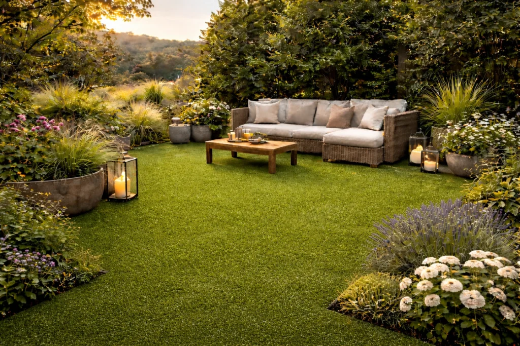 Terrasse avec gazon synthétique et mobilier de jardin