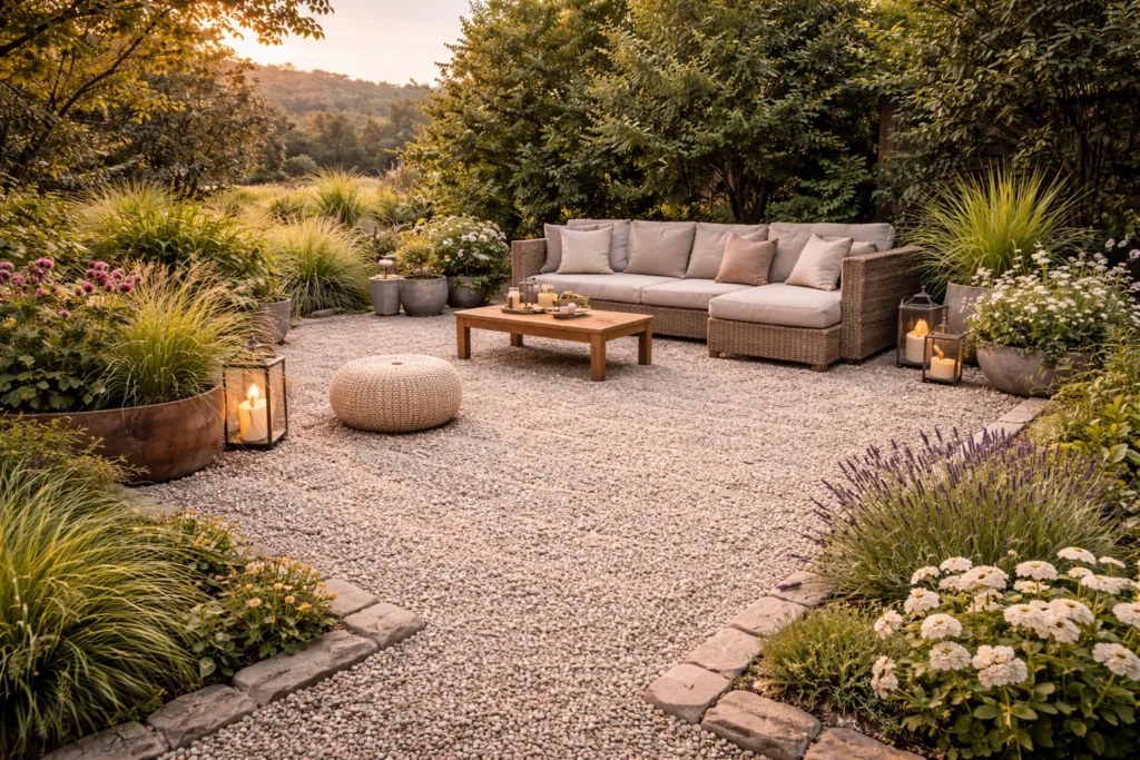 6) GravierNom d’image : terrasse-gravier-drainant.jpgALT : Terrasse en gravier décoratif avec bordures paysagèresLégende : Le gravier est économique et drainant, mais moins confortable pieds nus.