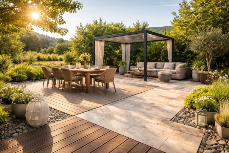 Terrasse extérieure moderne avec lames de bois et dalles en pierre, aménagée avec coin repas et salon de jardin