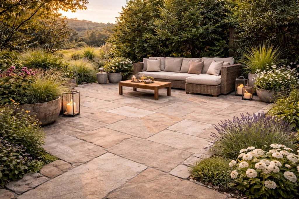 Terrasse en pierre naturelle avec dallage grand format