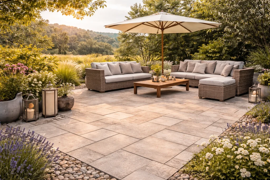 Terrasse en dalles de pierre reconstituée claire