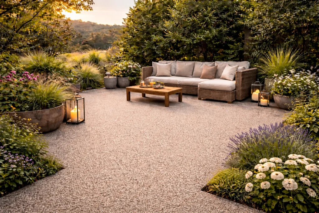 Terrasse en revêtement minéral drainant résine et granulat