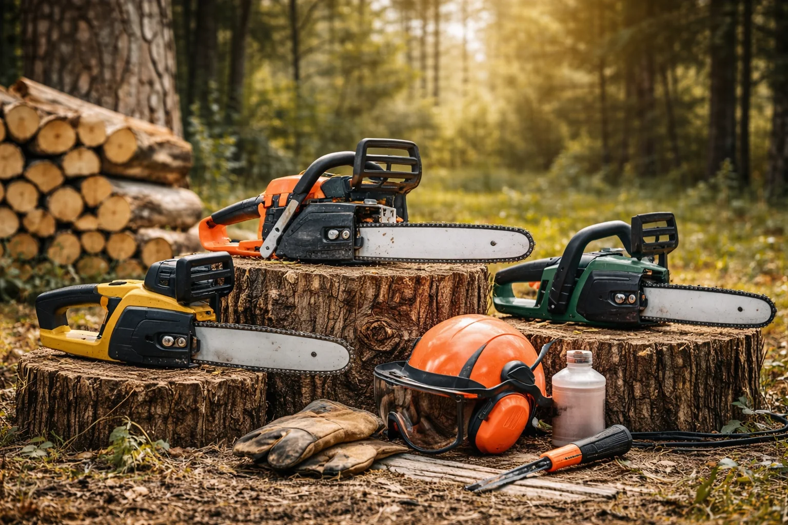 Trois tronçonneuses thermique, électrique et à batterie posées sur des billots de bois en forêt selon différents usages